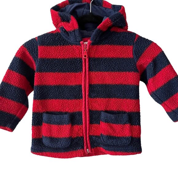 Hanna Andersson Baby 85 Size 2 Fleece Jacket Full Zip Hooded Striped Blue Red - Picture 5 of 8